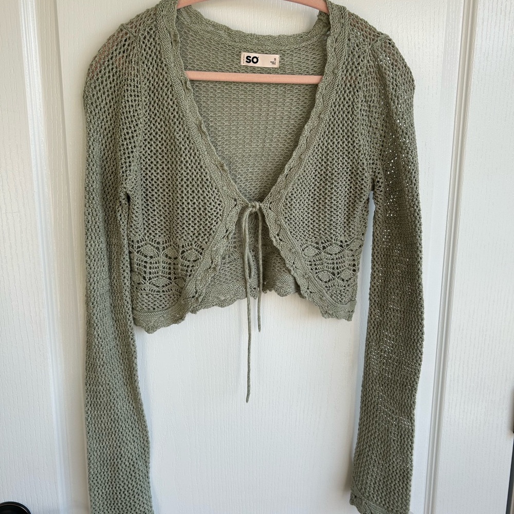 SO Sage Green Crochet Open-Knit Tie Cardigan